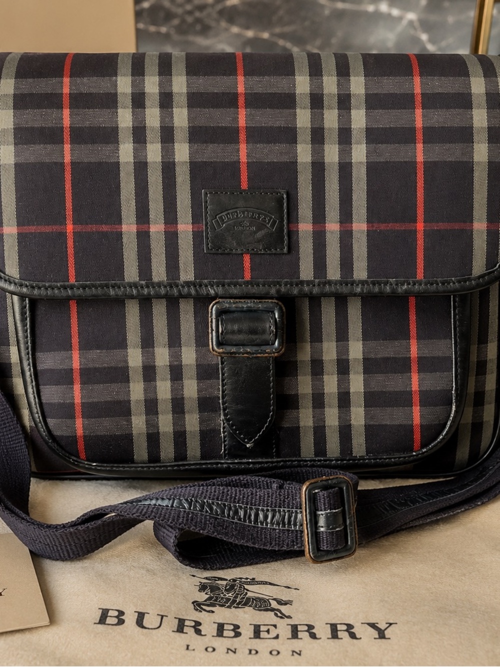 Burberry Nova Check Messenger Crossbody Bag Navy Leather Canvas Laptop Bag